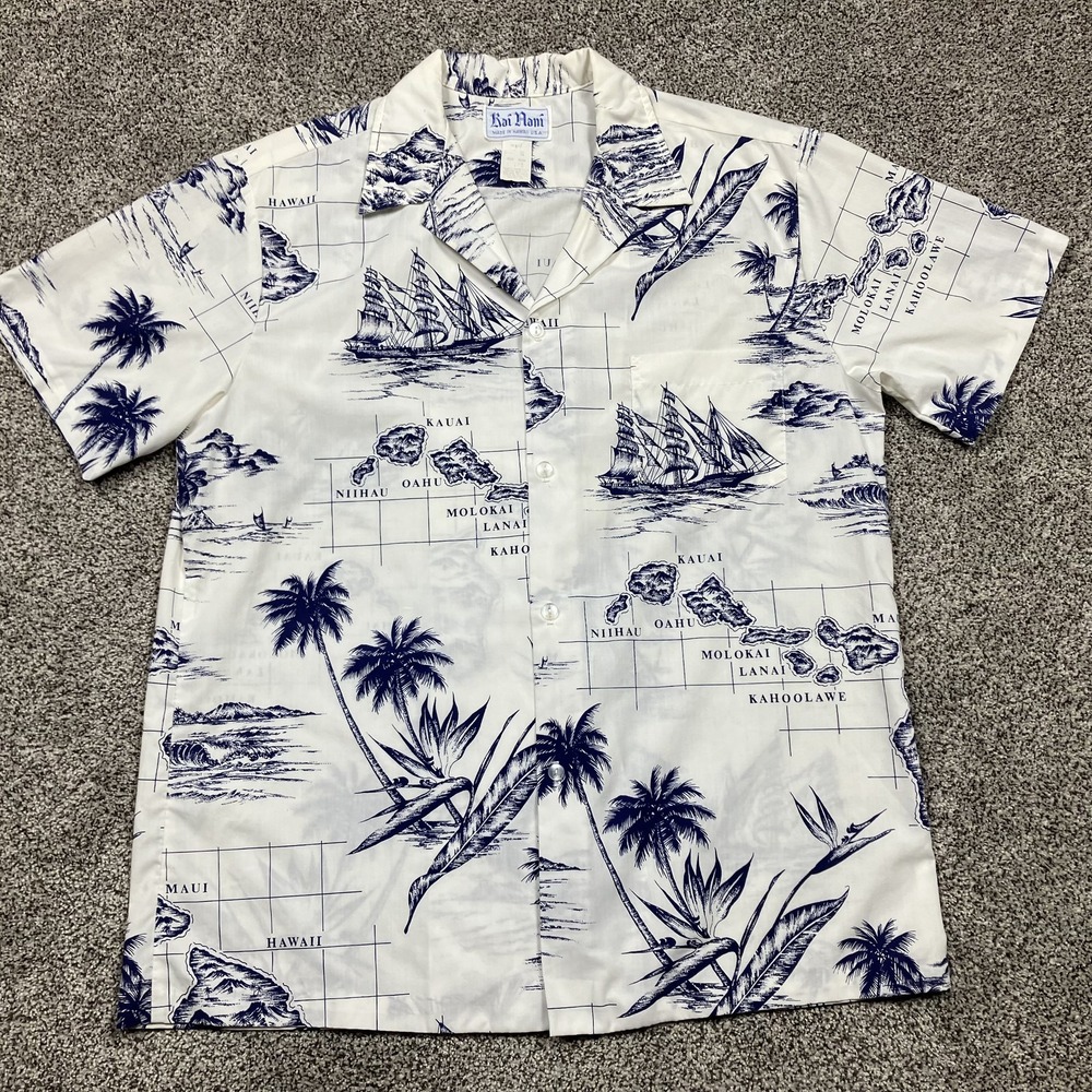 Kai Nani‎ Hawaiian Shirt Mens Large Map White Blue Islands Sailboat Aloha USA